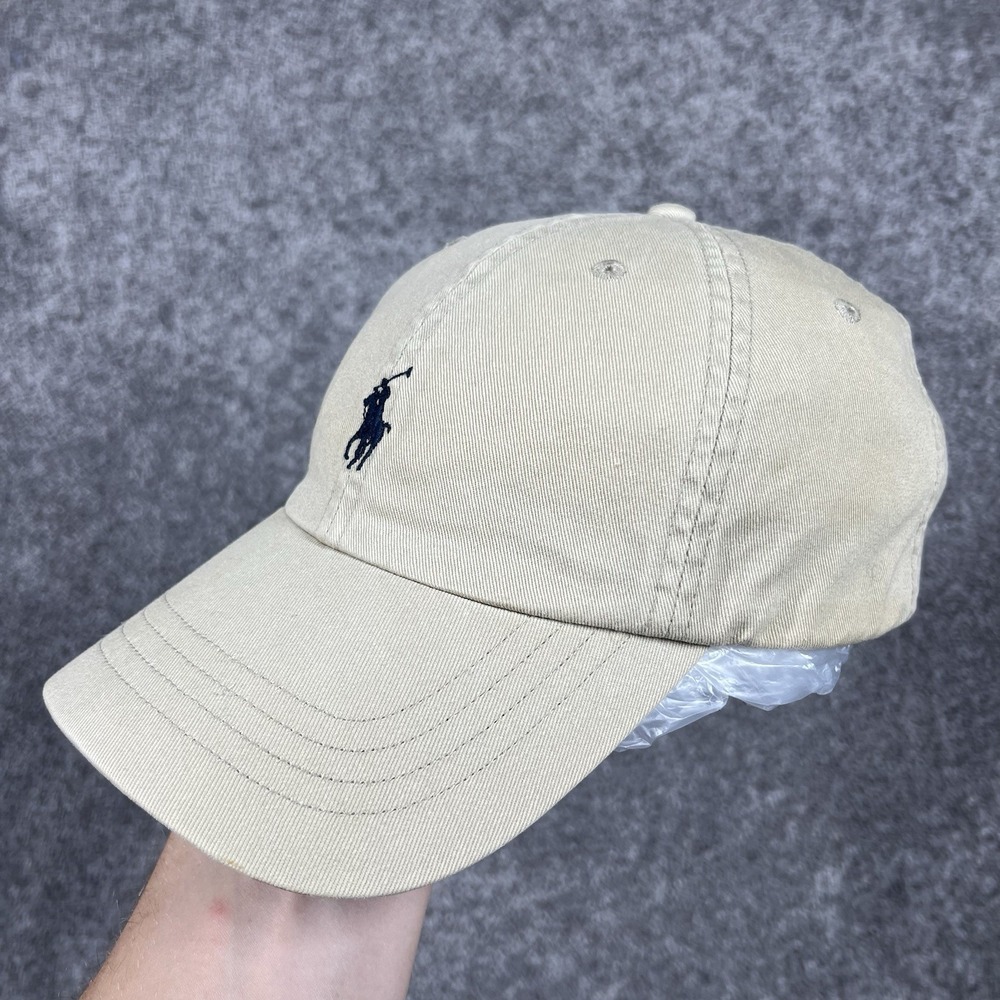 Vintage 90s Polo Ralph Lauren Hat Cap Strap Back Mens OS Beige Leather Pony Logo